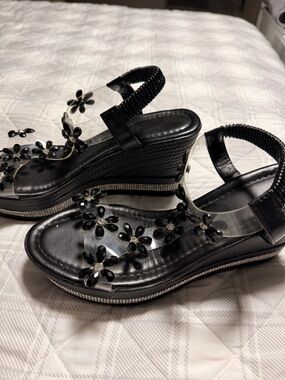 Black Wedge Sandals with Floral Embellishment